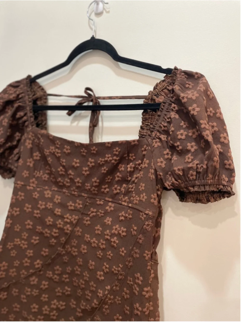 STORIA Brown Floral Babydoll Mini Dress L Puff Sleeves Fairy Grunge Asymmetric - Picture 2 of 9